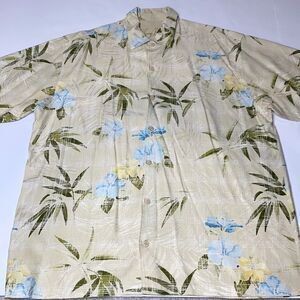 Tommy Bahama Yellow Palm Leaves Hibiscus Flowers Hawaiian Silk Shirt Size XL‎
